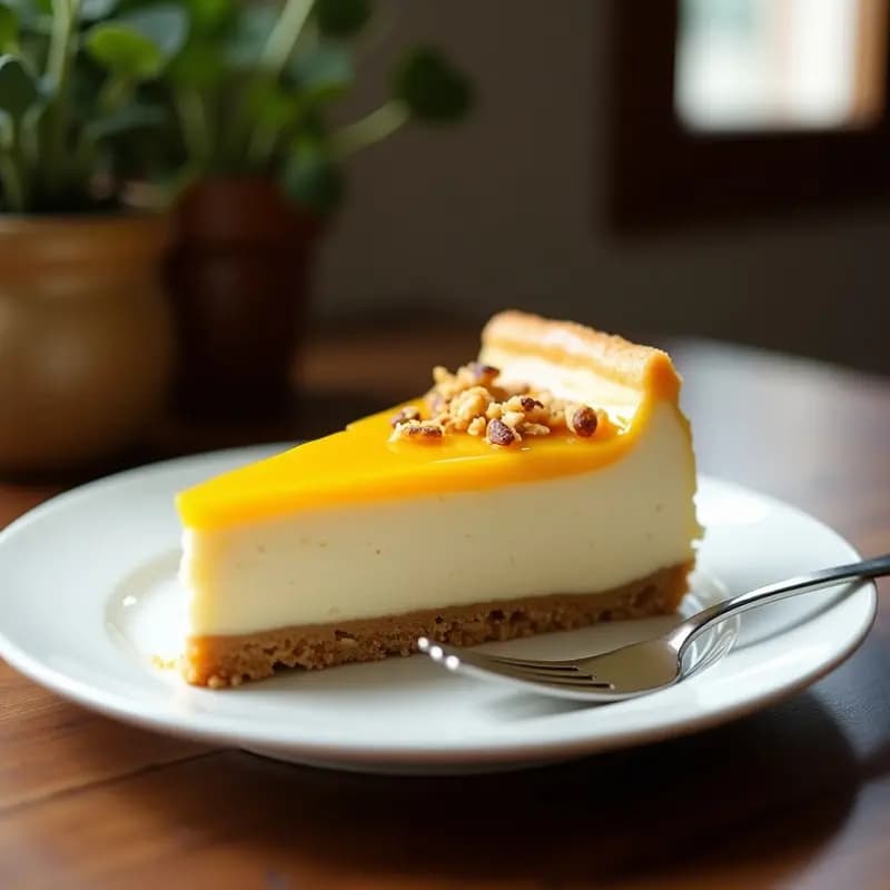 Cheesecake de queso de casinga y maracuyá en molde desmontable, con base dorada de coco y almendras, relleno cremoso amarillo pálido y decoración de pulpa de maracuyá brillante y coco rallado tostado.