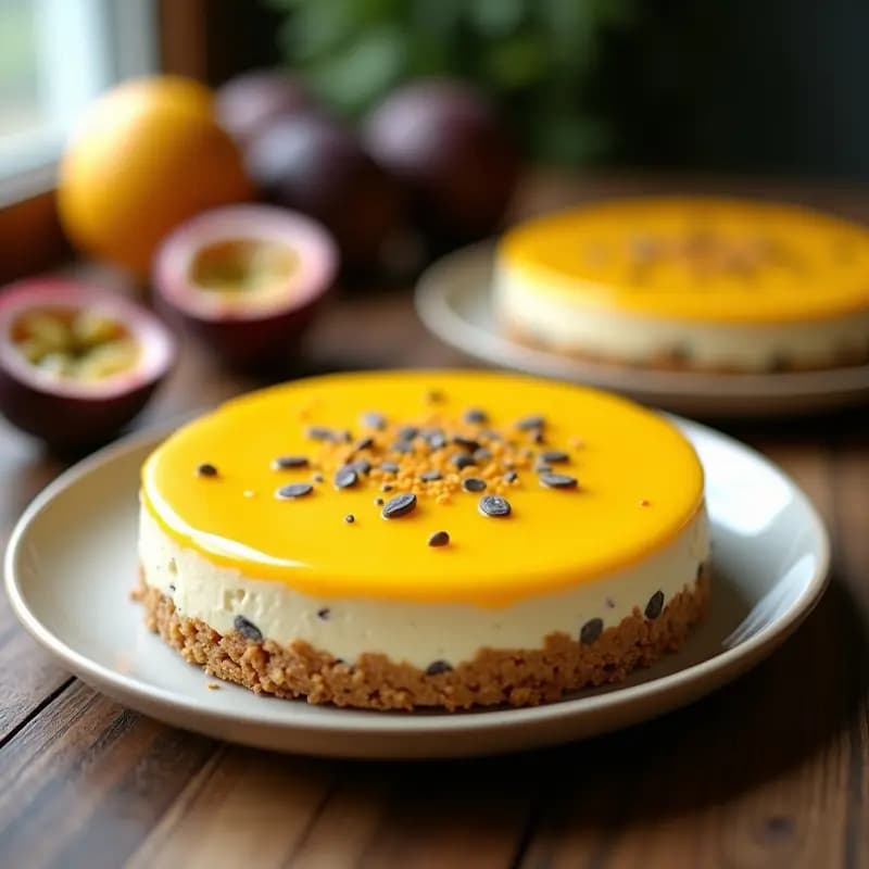 Cheesecake de chía y maracuyá con base crujiente de avena, decorado con semillas de chía y pulpa de maracuyá fresca, postre chileno sin horno y sin lactosa.