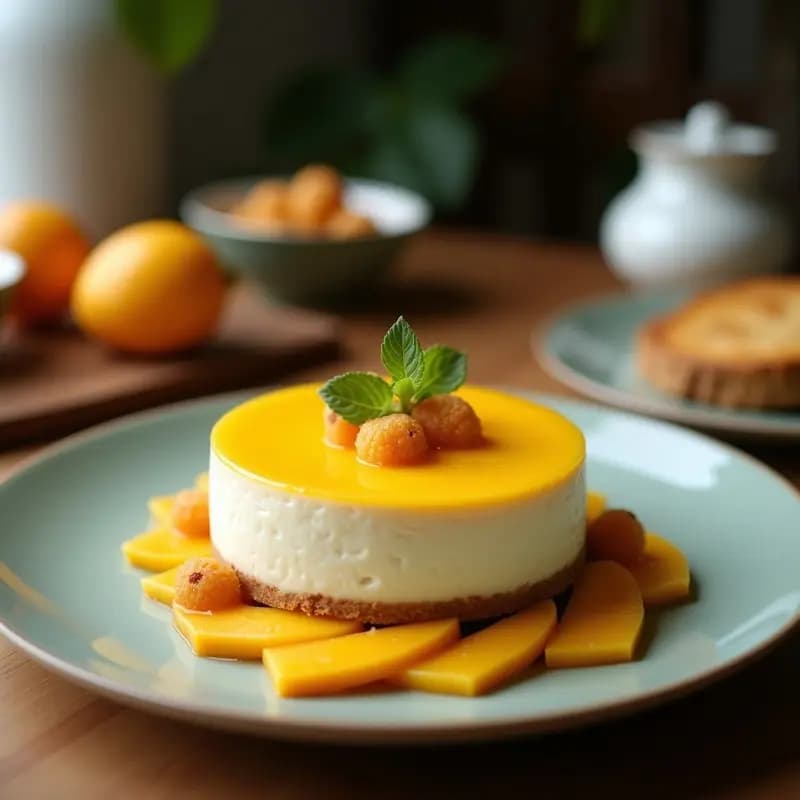 Cheesecake de mango y chía con base de coco en molde desmontable, decorado con cubos de mango fresco y coco rallado tostado, sobre fondo blanco con hojas de menta.