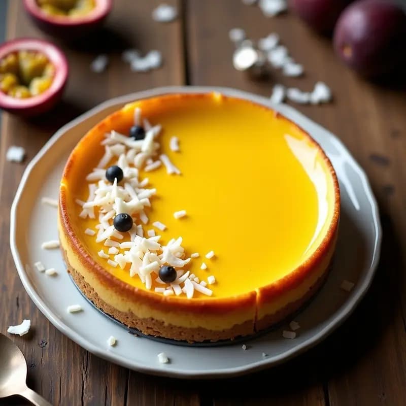 Cheesecake de maracuyá y mandioca en molde desmontable, con base dorada de yuca deshidratada y relleno cremoso amarillo vibrante de maracuyá, decorado con coco rallado y semillas de maracuyá. Postre brasileño sin horno sobre fondo rústico de madera.