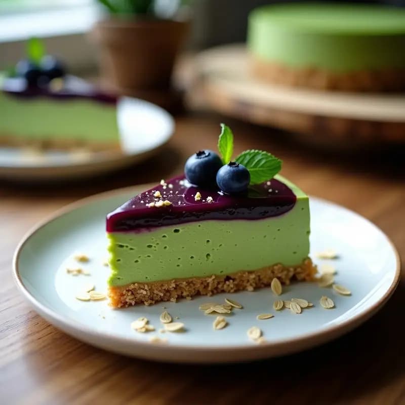 Cheesecake de matcha y arándanos vegano con base de avena, servido en porción individual sobre plato blanco. Capas visibles: base dorada de avena tostada, crema verde esmeralda de matcha y vetas moradas de coulis de arándanos. Decorado con arándanos frescos y un espolvoreado de matcha en polvo.