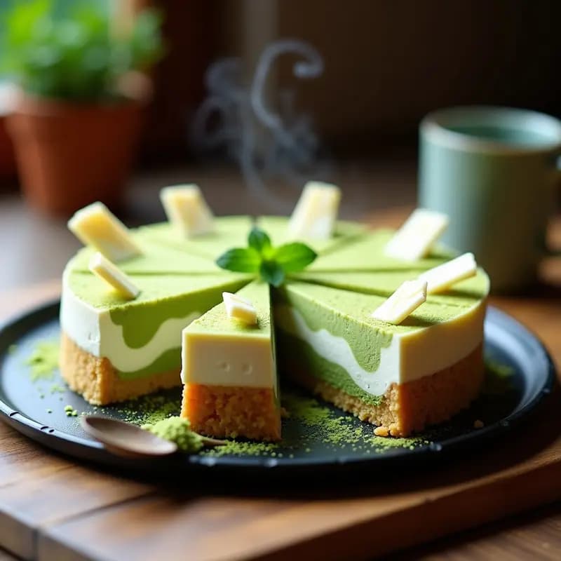 Cheesecake vegano japonés con base dorada de almendras, relleno cremoso de matcha y chocolate blanco, decorado con virutas de chocolate y polvo de matcha sobre fondo oscuro.