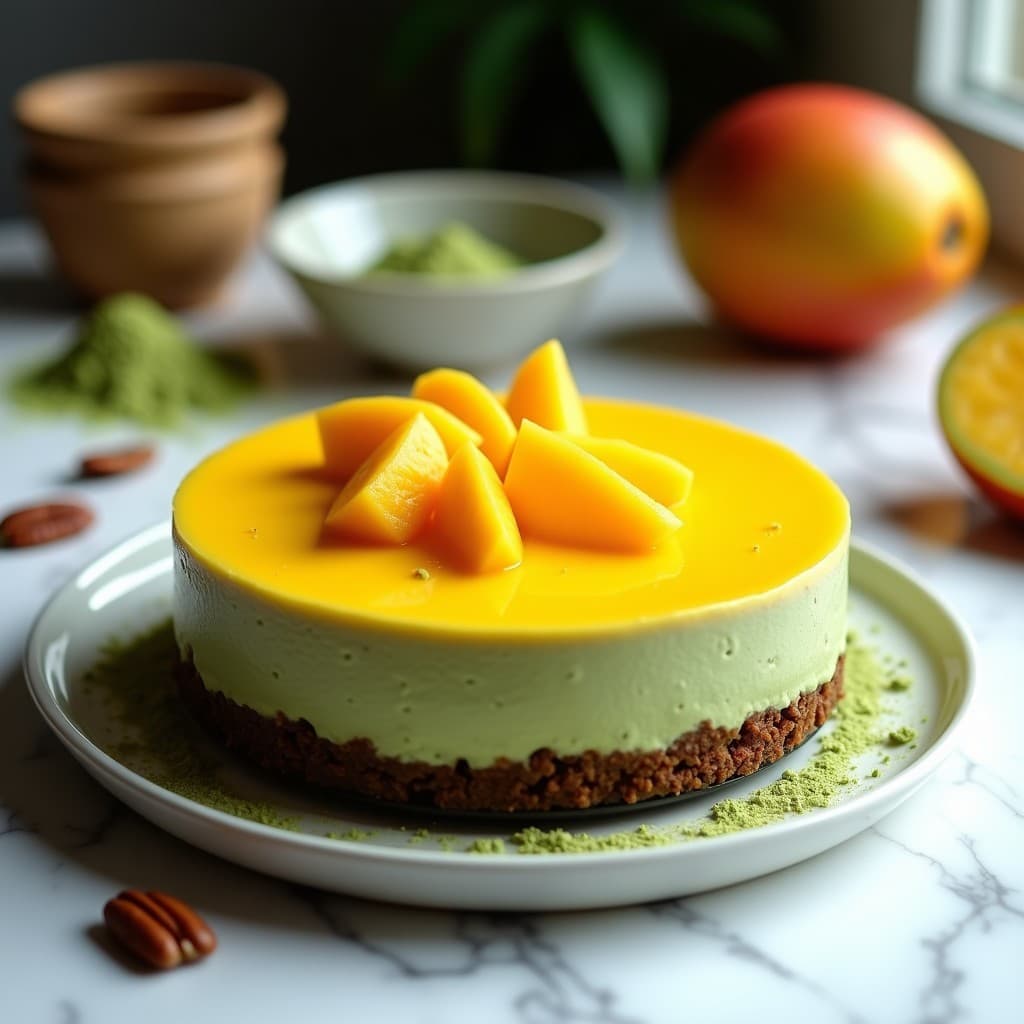 Cheesecake de Matcha y Mango: Postre Vegano Sin Horno con Base de Dátiles y Nueces