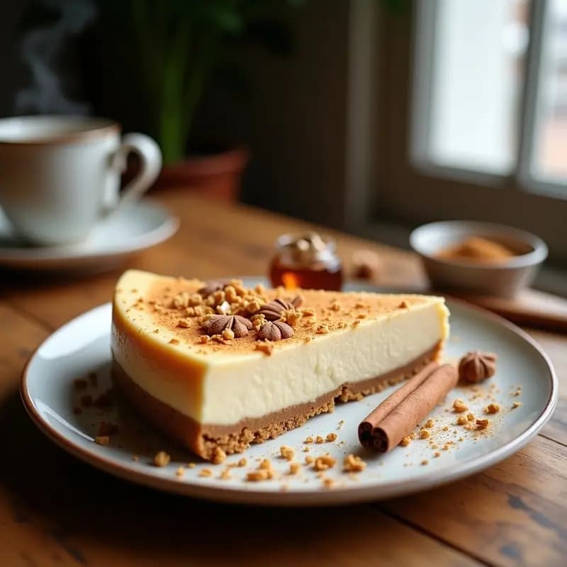 Cheesecake de té chai y especias en molde desmontable, con base dorada de almendras y dátiles, relleno cremoso color beige y decorado con coco rallado. Postre indio sin horno y bajo en azúcar.