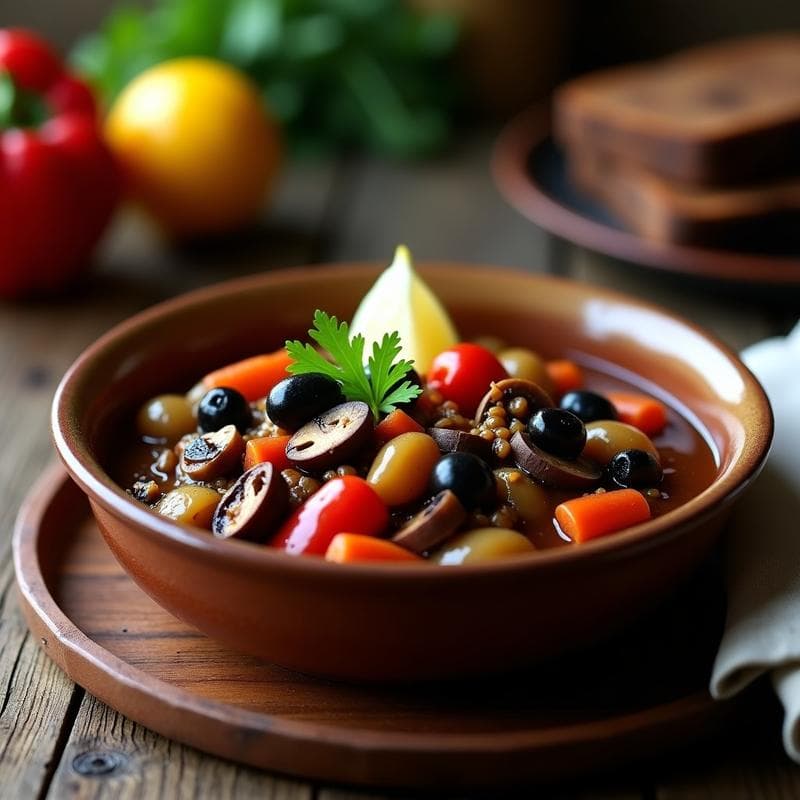 Plato hondo de barro con chernosolyanka rusa vegetariana, guiso espeso de champiñones portobello, aceitunas negras y verduras en salsa oscura, decorado con rodajas de limón y perejil fresco.