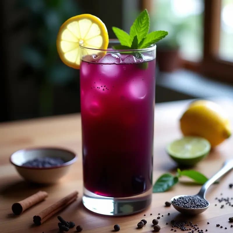 Vaso alto transparente con Chicha Morada con Chía y Limón, mostrando capas de líquido morado intenso con semillas de chía hidratadas, decorado con rodaja de limón y hojas de hierbabuena, sobre fondo rústico de madera con ingredientes dispersos como maíz morado y clavos de olor.