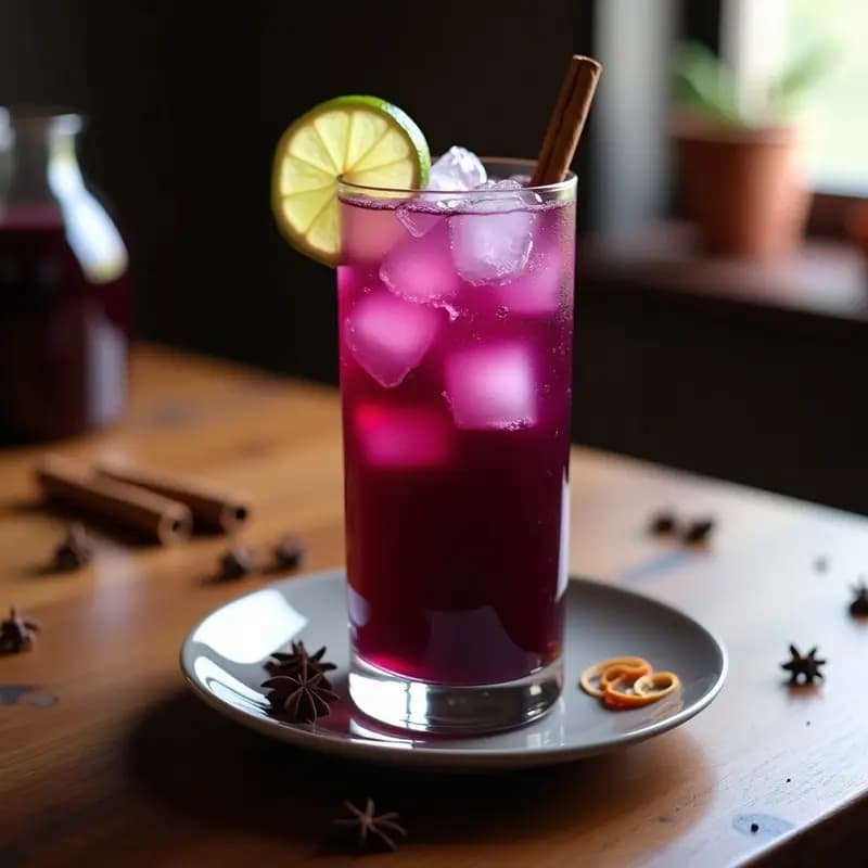 Vaso alto de cristal con Chicha Morada con Clavo y Canela, bebida peruana antioxidante de color púrpura intenso, decorada con una rodaja de limón y una rama de canela, sobre una mesa rústica de madera con ingredientes como maíz morado, clavos y canela al fondo.