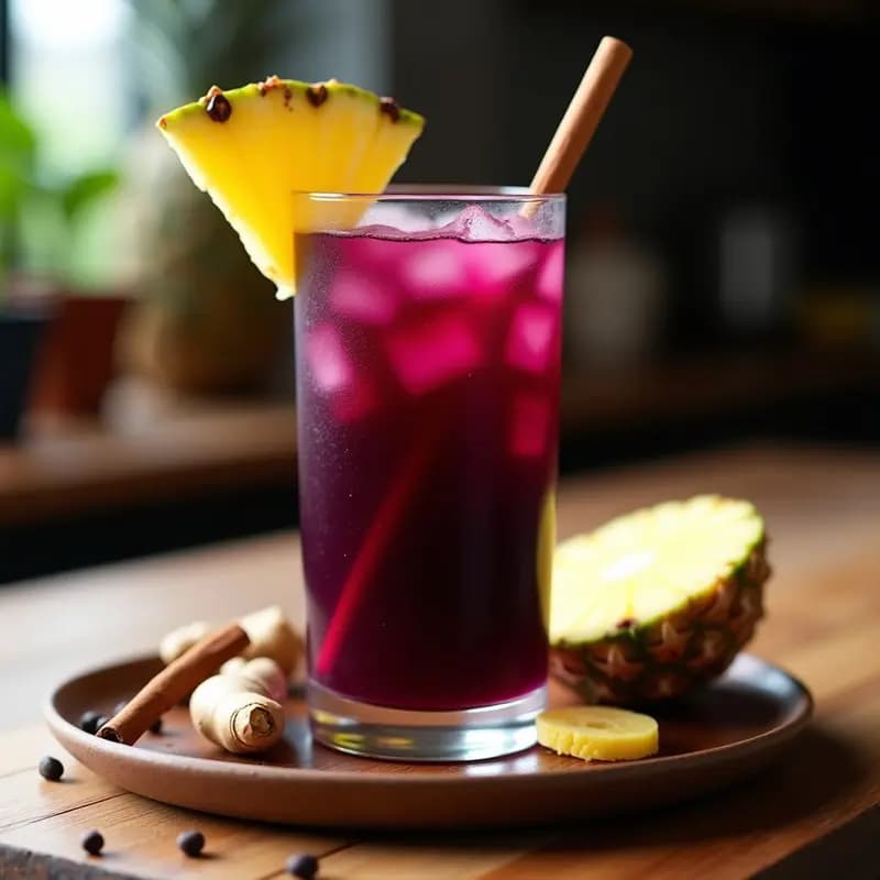 Vaso alto transparente con Chicha Morada con Piña y Clavo, bebida peruana tradicional de color morado intenso, decorada con rodaja de piña y rama de canela, servida con hielo y fondo de mesa rústica con ingredientes naturales.
