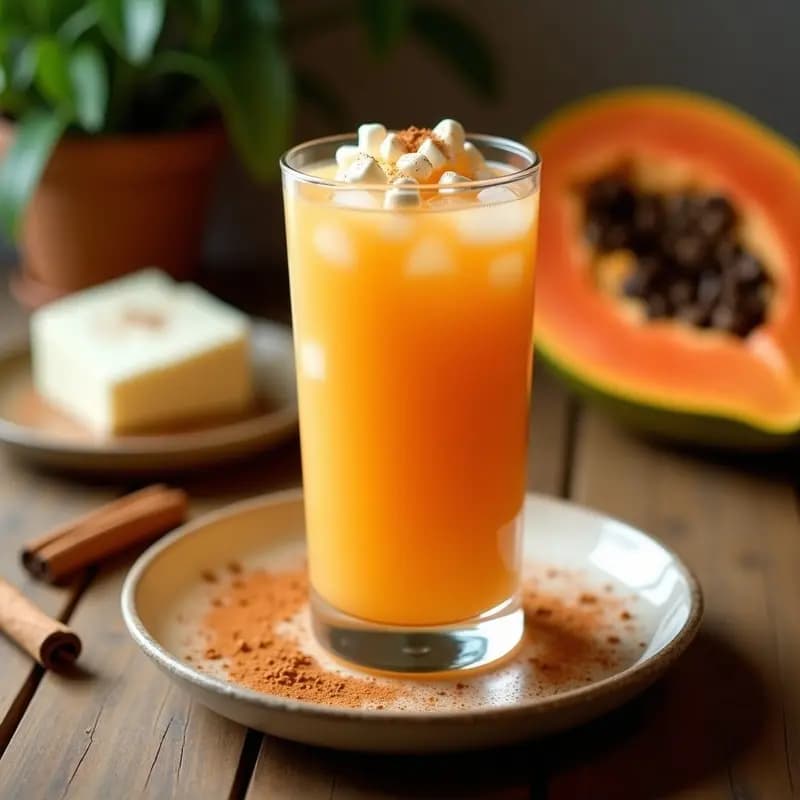 Vaso alto con chicha de papaya con queso, bebida cremosa de color naranja claro con trozos de queso blanco flotando, espolvoreada con canela y servida con hielo. Fondos borrosos de papaya y queso fresco sobre una mesa rústica de madera.