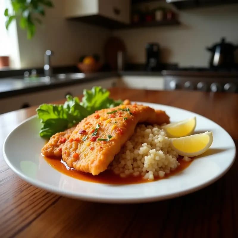Plato de chicharrón de pescado dorado y crujiente acompañado de yuca frita en rodajas gruesas, decorado con hierbas frescas y limón, receta peruana tradicional.