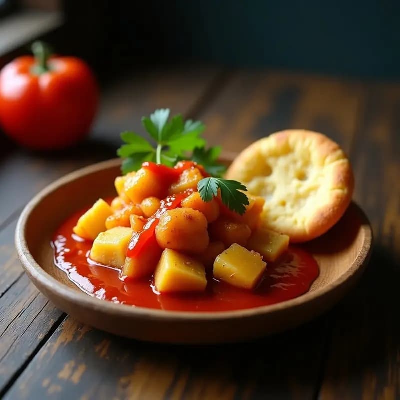 Plato rústico con chicharrón de queso colombiano dorado y crujiente, acompañado de arepa amarilla y hogao espeso de tomate y cebolla. Receta tradicional colombiana de snack crujiente y sabroso.