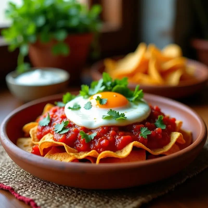 Plato hondo de barro con chilaquiles rojos bañados en salsa espesa de chile guajillo, totopos dorados, huevo escalfado con yema líquida brillante y hilos de crema ácida blanca con cilantro fresco, receta mexicana para desayunar.