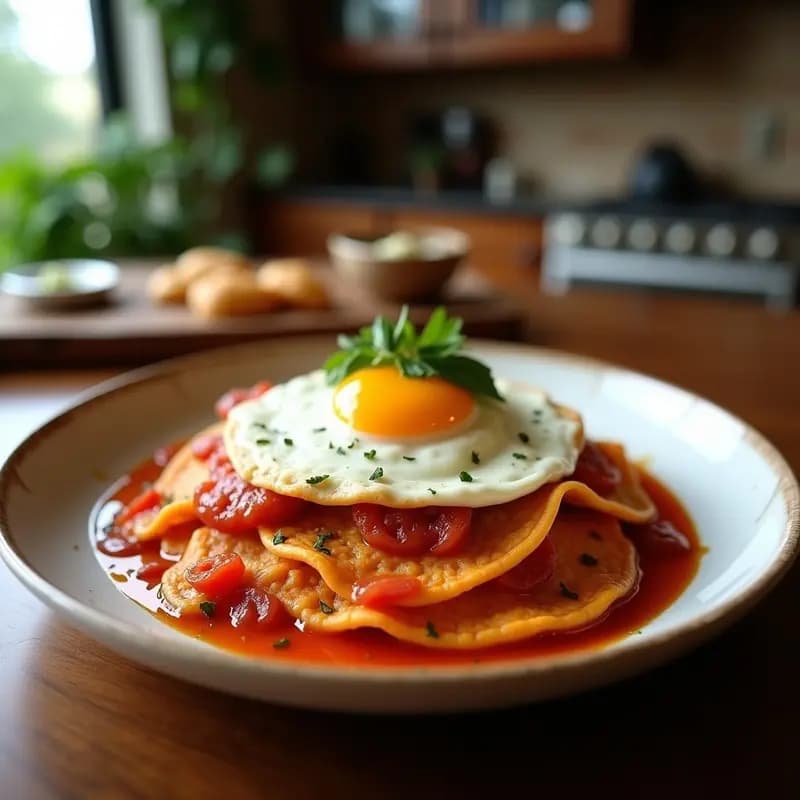 Plato hondo de barro con chilaquiles rojos mexicanos: tortillas de maíz azul fritas bañadas en salsa de tomate con chiles guajillo, coronados con huevo frito de yema líquida, queso fresco desmenuzado, crema espesa y cilantro fresco. Desayuno tradicional mexicano.