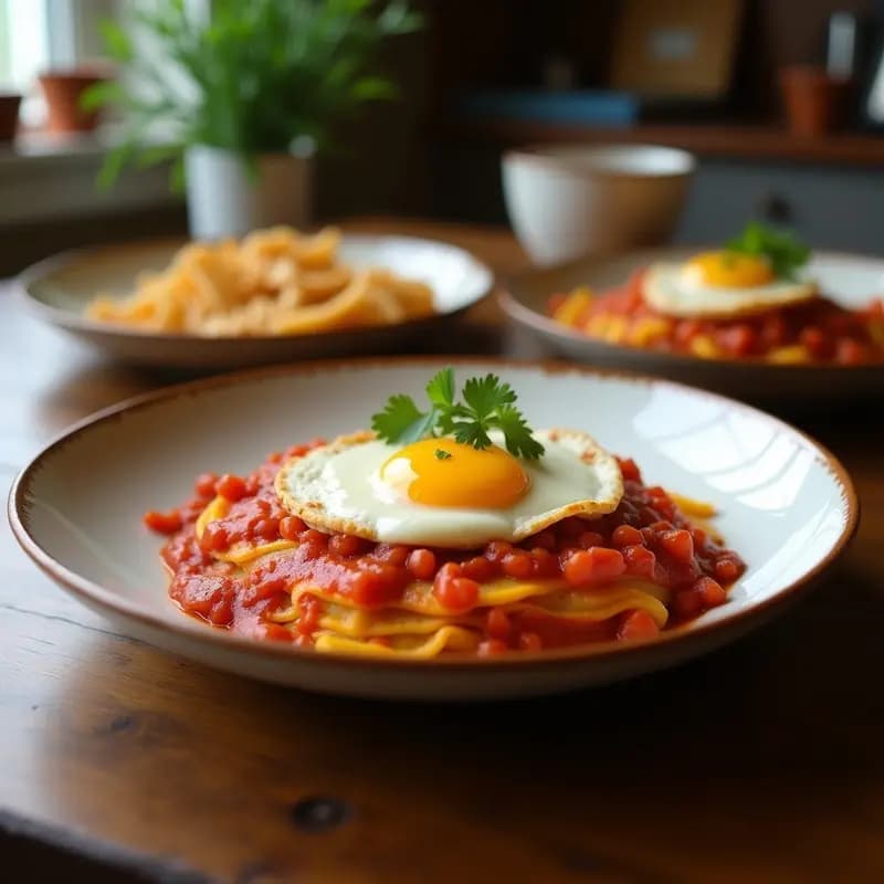 Plato hondo de barro con chilaquiles rojos veganos, bañados en salsa de jitomate y chile guajillo, coronados con huevo de lino esponjoso, cubos de aguacate, cilantro fresco y semillas de sésamo. Receta mexicana sin lactosa y alta en proteína.