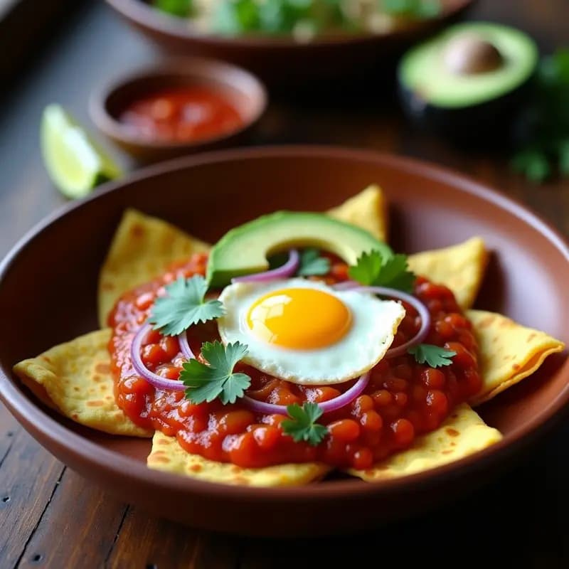 Plato hondo de barro con chilaquiles rojos bañados en salsa de jitomate asado, coronados con un huevo pochado de yema líquida, cubos de aguacate verde, cebolla morada en juliana y hojas de cilantro fresco. Receta de chilaquiles rojos con huevo pochado gourmet y sin lactosa.