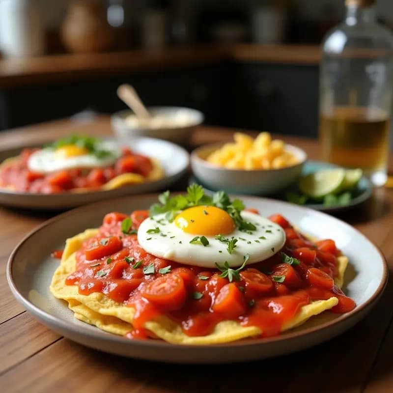 Plato hondo de barro con chilaquiles rojos: tortillas fritas en triángulos bañadas en salsa roja espesa, coronados con huevos escalfados de yema líquida, queso fresco desmenuzado, crema blanca y cebollín picado. Fondo rústico de madera con detalles mexicanos.