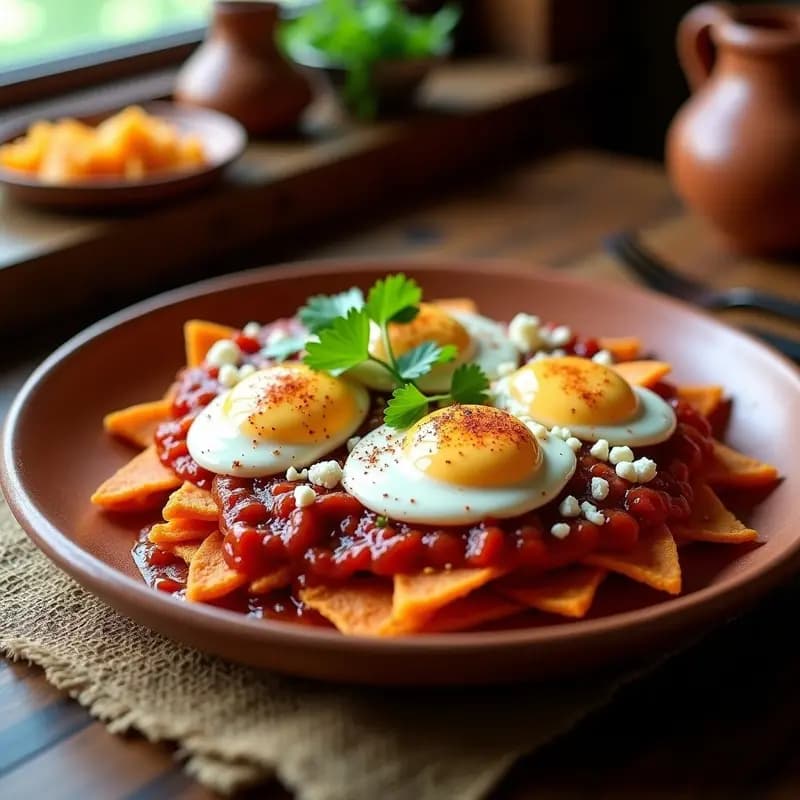 Plato hondo de barro con chilaquiles rojos bañados en salsa de chiles guajillo y pasilla, coronados con huevos poché de yema líquida, crema ácida espesa, queso fresco desmenuzado y cilantro fresco. Acompañados de cebolla morada caramelizada y un toque de chile ahumado.