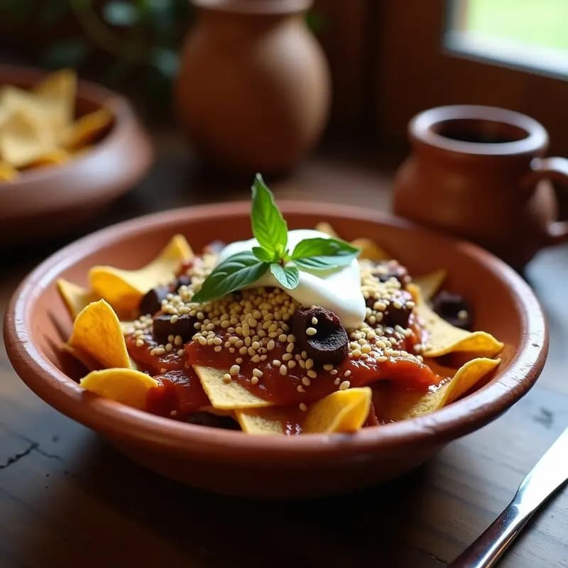 Plato hondo de barro con chilaquiles rojos bañados en salsa de chile guajillo y pasilla, cubiertos con huitlacoche negro, hebras de queso Oaxaca derretido, crema ácida y semillas de sésamo. Decorado con hojas de epazote fresco y servido sobre una mesa rústica de madera con café de olla al fondo.