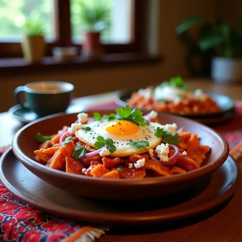 Plato hondo de barro con Chilaquiles Rojos Mexicanos con Huevo Poché: totopos de maíz azul bañados en salsa roja espesa con chiles guajillo, huevo poché con yema líquida, queso cotija desmenuzado, crema ácida y cilantro fresco. Rodajas de cebolla morada cruda al lado.