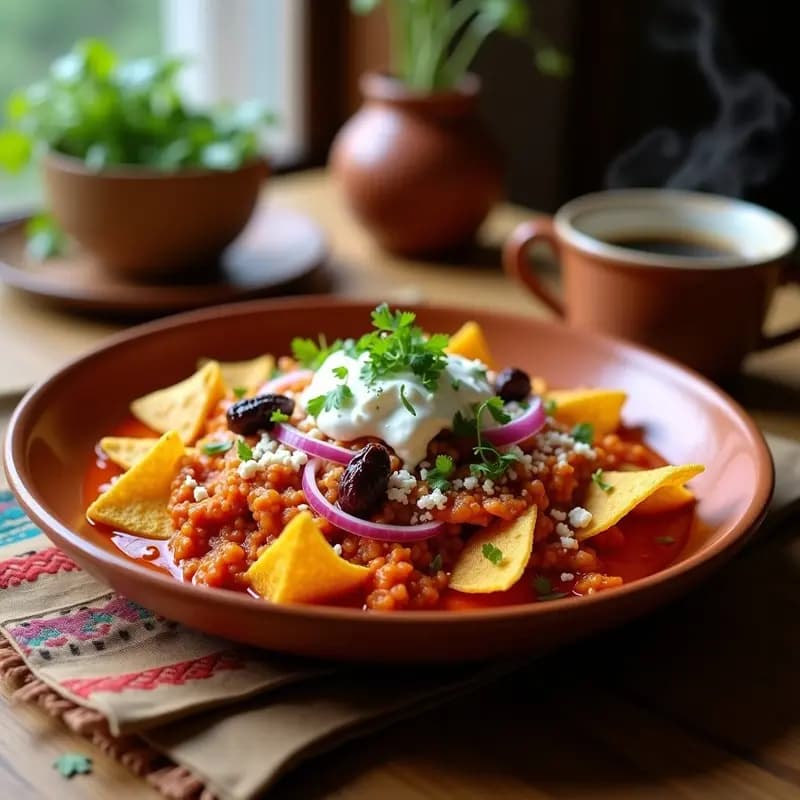 Plato hondo de barro con chilaquiles rojos con pollo desmenuzado, tortillas doradas bañadas en salsa roja espesa, cubiertos con queso fresco desmenuzado, cebolla morada en escabeche y un hilo de crema ácida. Fondo rústico con detalles mexicanos.