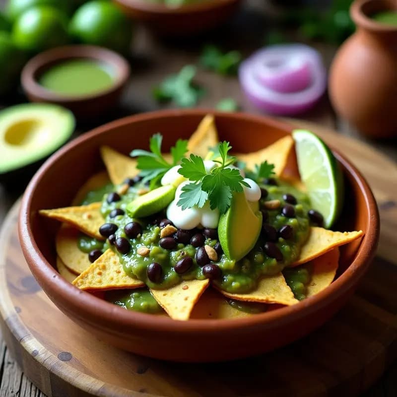 Plato hondo de barro con chilaquiles verdes veganos: tortillas de maíz tostadas bañadas en salsa de tomatillo, frijoles negros cremosos, aguacate en cubos, semillas de calabaza y crema de anacardos, sobre hojas de lechuga romana. Desayuno mexicano colorido y saludable.