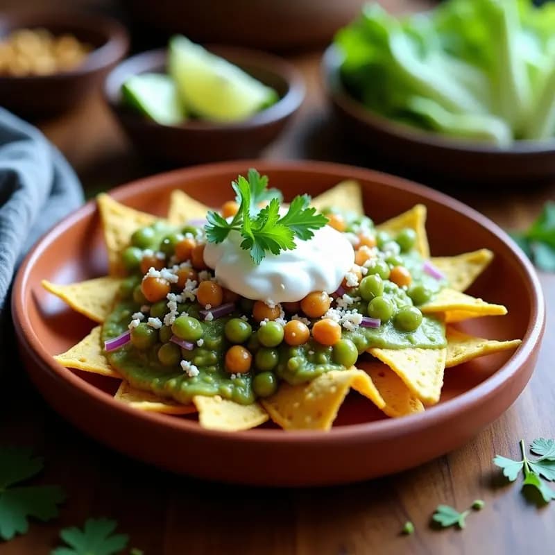 Plato hondo de barro con chilaquiles verdes veganos: tortillas de maíz azul bañadas en salsa verde, garbanzos dorados crujientes, queso vegano de almendras desmenuzado, cebolla morada picada y lechuga romana fresca. Decorado con crema de anacardos y limón verde al lado.