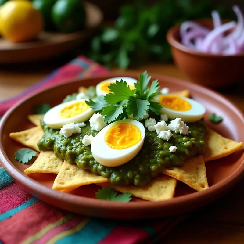 Plato hondo de cerámica blanca con chilaquiles verdes cubiertos de salsa verde espesa, huevos escabechados partidos por la mitad mostrando la yema amarilla, queso fresco desmenuzado y crema ácida. Decorado con cebolla morada en rodajas finas y hojas de cilantro. Receta tradicional mexicana alta en proteína.