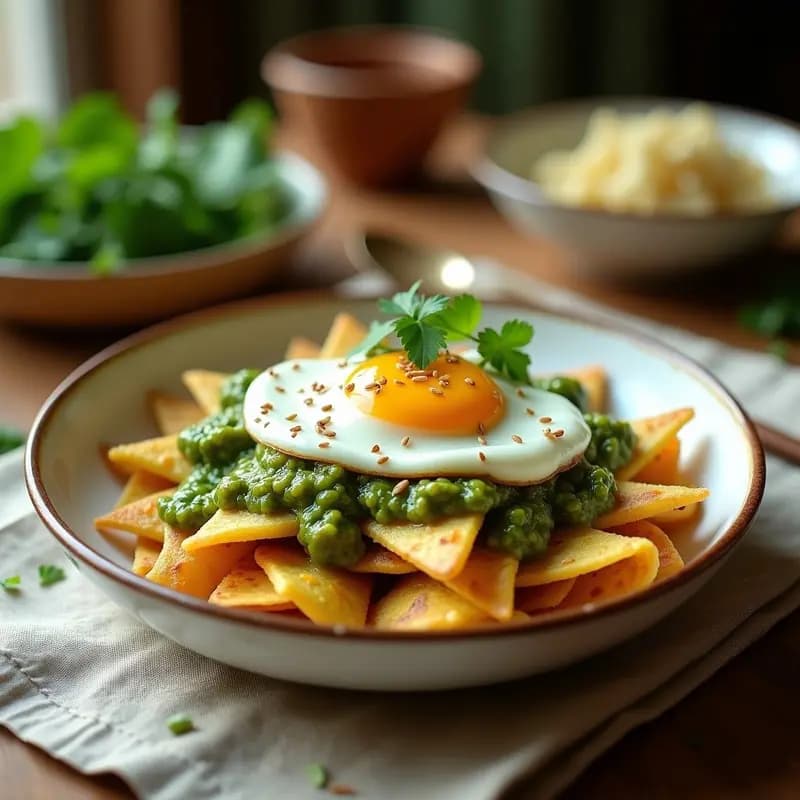 Plato hondo de barro con chilaquiles verdes bañados en salsa verde casera, tortillas de maíz doradas y crujientes, huevo escalfado con yema líquida, cebolla morada encurtida de color vibrante y queso fresco desmenuzado. Receta mexicana en airfryer sin fritura.