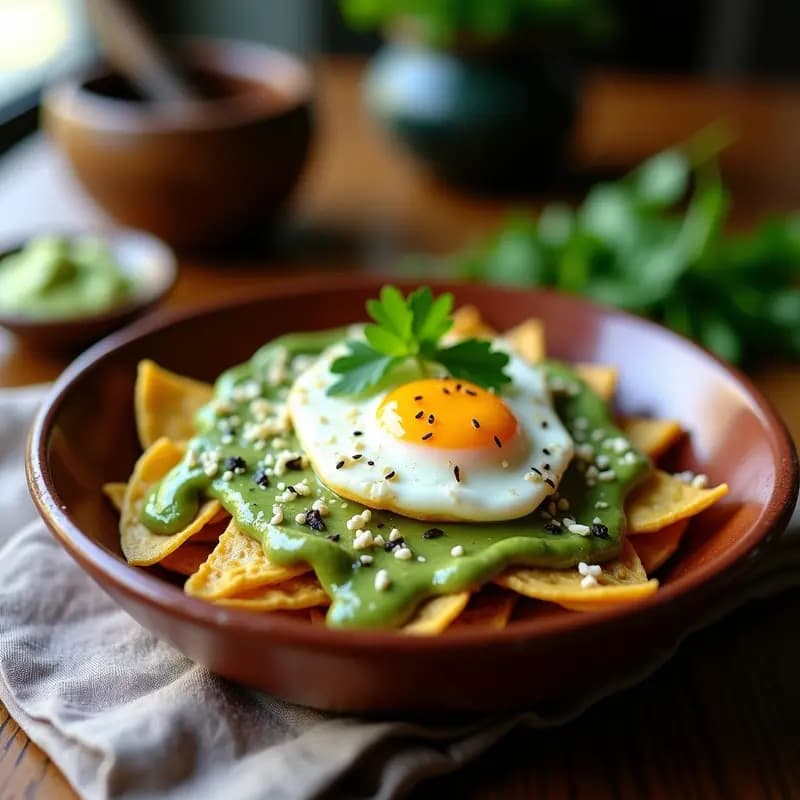 Plato hondo de barro con chilaquiles verdes de tortillas azules crujientes bañadas en salsa verde cremosa, coronados con huevo poché de yema líquida, crema de aguacate esparcida y decorados con queso cotija desmenuzado, semillas de sésamo y cilantro fresco. Brunch mexicano gourmet.