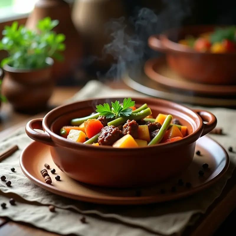 Olla de barro humeante con Ch.tile chileno de carne de res magra, papas, porotos verdes y especias, decorado con perejil fresco sobre un mantel rústico de lino.