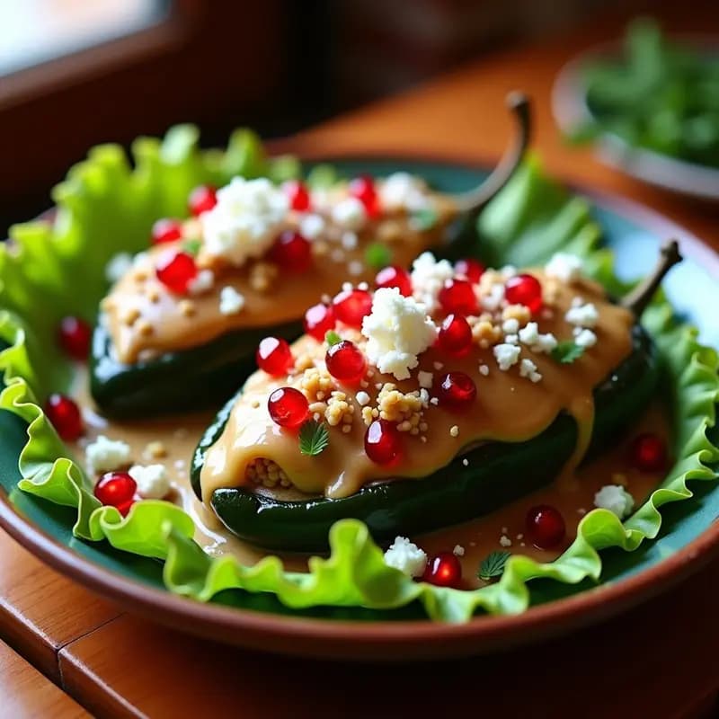 Plato tradicional mexicano de chile en nogada con chiles poblanos rellenos de picadillo de frutas, cubiertos de salsa cremosa de nuez y decorados con granos de granada y queso fresco desmenuzado sobre hoja de lechuga.