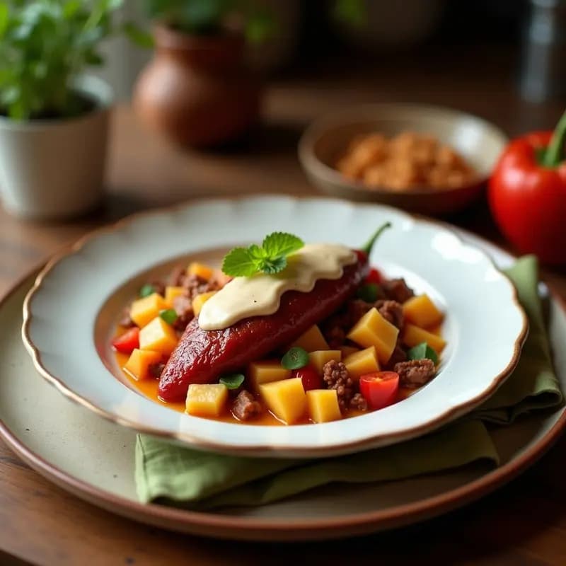 Plato tradicional mexicano de Chile en Nogada con Carne de Res y Frutos Secos, mostrando chiles poblanos rellenos bañados en salsa nogada cremosa, decorados con semillas de granada y frutos secos picados sobre un fondo rústico de barro.
