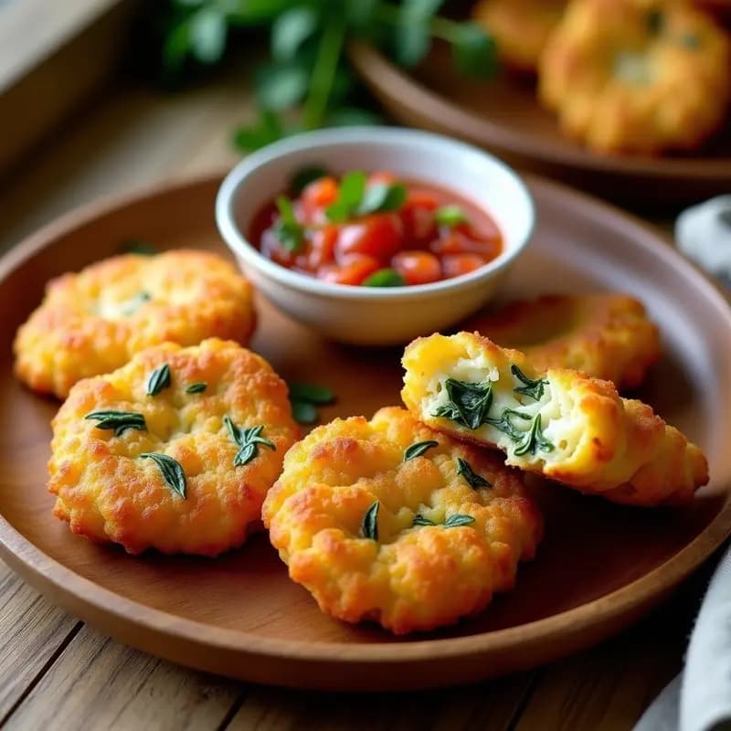 Chilenos Rellenos de Queso y Espinaca dorados y crujientes servidos en un plato de madera rústico, acompañados de salsa de pebre fresca con trozos de tomate, ají verde y cilantro. Receta tradicional chilena adaptada al Airfryer.