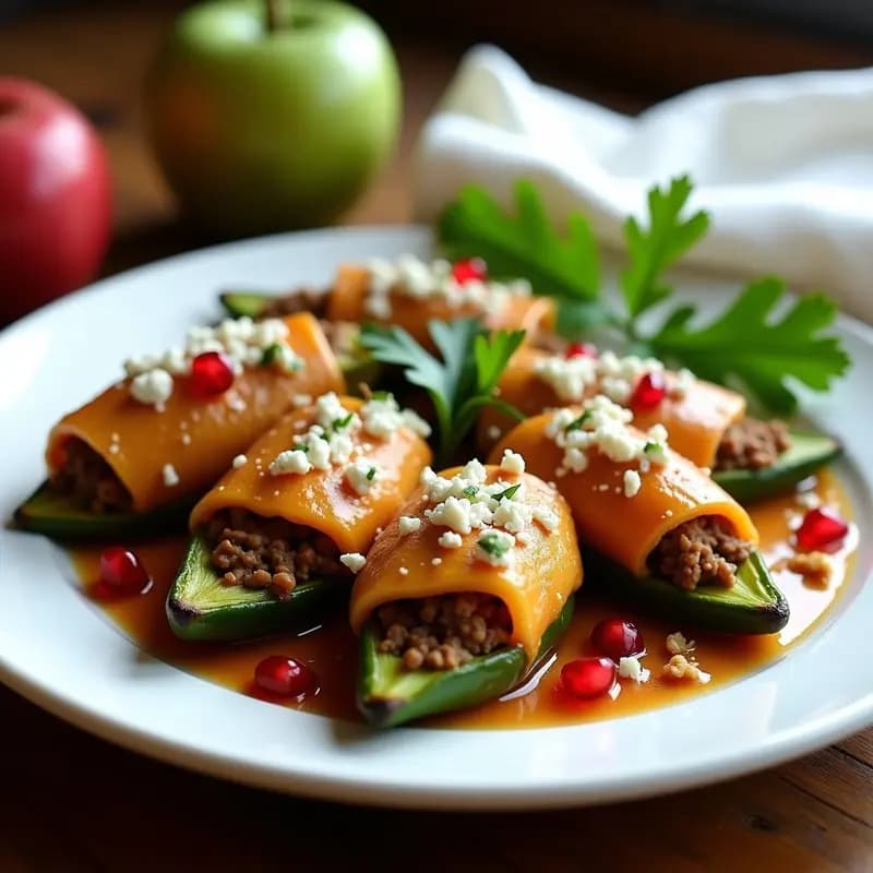 Plato festivo de Chiles en Nogada: chiles poblanos rellenos de picadillo de carne, bañados en salsa de nueces cremosa, decorados con granos de granada rojos, queso fresco blanco y hojas de perejil verde sobre un plato de cerámica blanca.