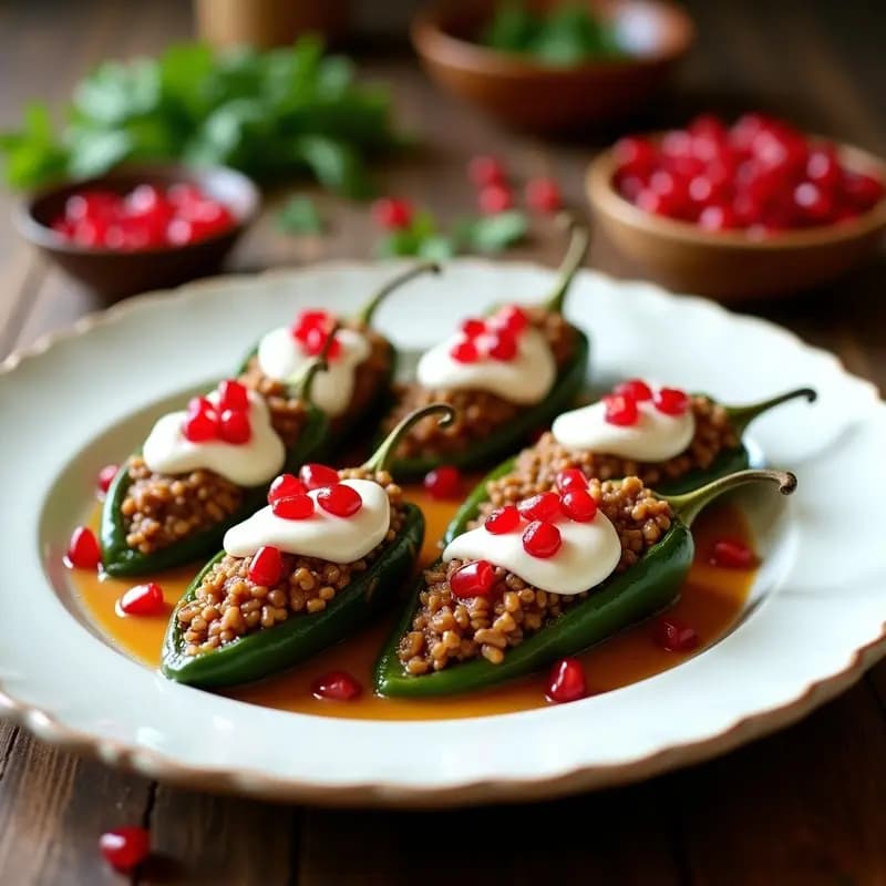 Plato de porcelana blanca con chiles en nogada rellenos de carne de res y granados, bañados en salsa de nogada cremosa sin lácteos, decorados con granos de granada rojos y perejil fresco. Fondo rústico con mantel de lino y elementos patrióticos mexicanos como banderas verdes, blancas y rojas.
