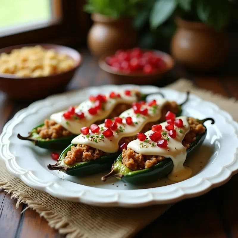Plato tradicional mexicano de chiles en nogada con carne de cerdo y granados, servidos en fuente de barro. Chiles poblanos rellenos de picadillo, bañados en salsa de nuez cremosa y decorados con granos de granado rojos, sobre fondo rústico.