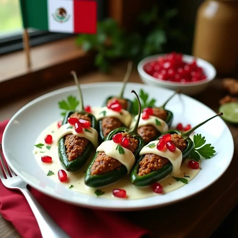 Plato tradicional mexicano de Chiles en Nogada con carne molida y granados, presentados en un plato blanco con nogada cremosa y semillas de granada rojas, decorados con ajonjolí tostado y hojas de perejil sobre un mantel rústico con colores patrios.