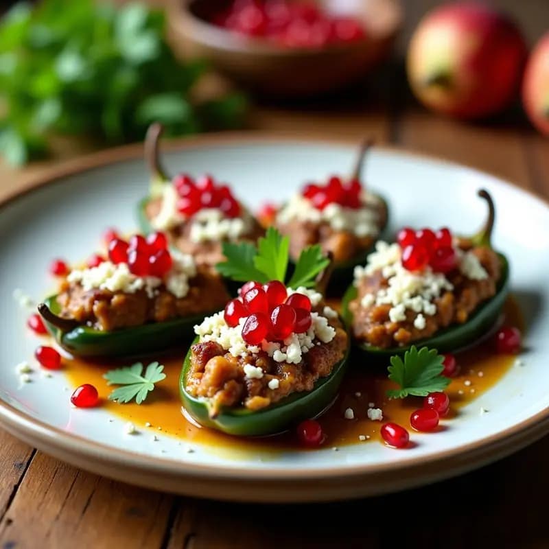 Plato tradicional mexicano de Chiles en Nogada con carne picada y granada, sin gluten. Chiles poblanos rellenos de picadillo, bañados en salsa de nuez cremosa y decorados con semillas de granada y queso fresco sobre hoja de lechuga.