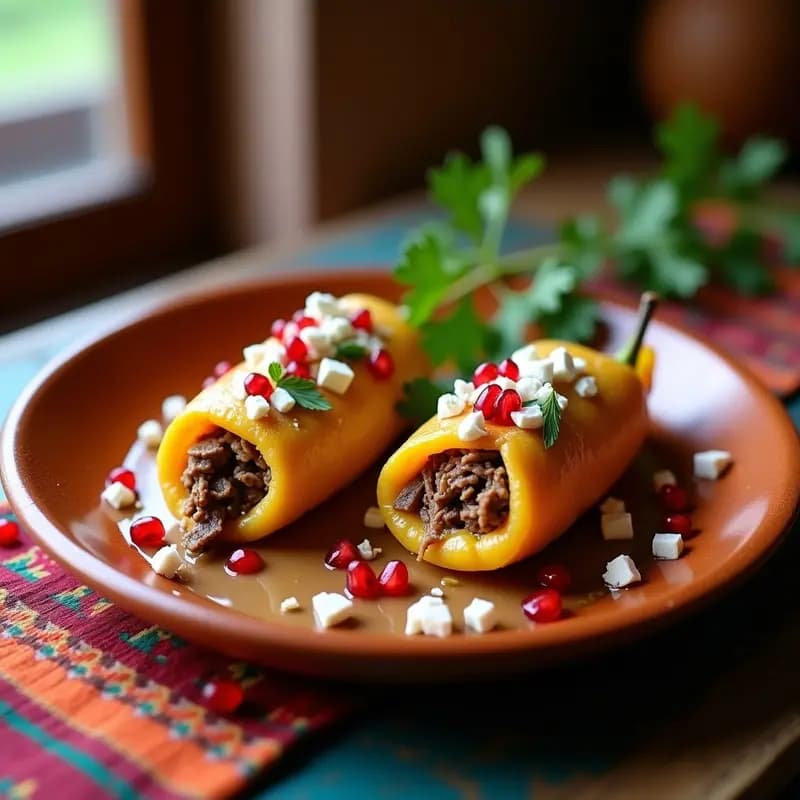Plato festivo de chiles en nogada con carne de res y frutas secas, bañados en salsa de nuez cremosa, decorados con granada y perejil sobre un mantel tradicional mexicano.