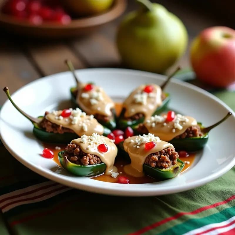 Plato de chiles en nogada mexicanos rellenos de carne de res desmenuzada y granada, bañados en salsa de nuez cremosa, decorados con semillas de granada roja y perejil fresco sobre un mantel rústico con colores patrios.