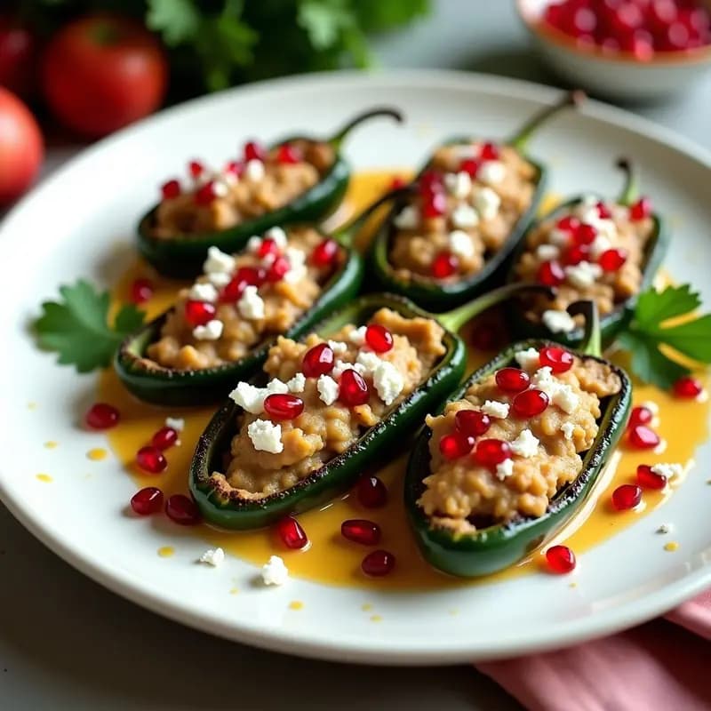 Plato tradicional mexicano de Chiles en Nogada con carne de res y granado, sin horno. Chiles poblano rellenos de picadillo de carne, cubiertos con salsa cremosa de nuez y decorados con granos de granado rojo y queso fresco desmenuzado. Presentación festiva en plato blanco con detalles verdes de hoja de cilantro.