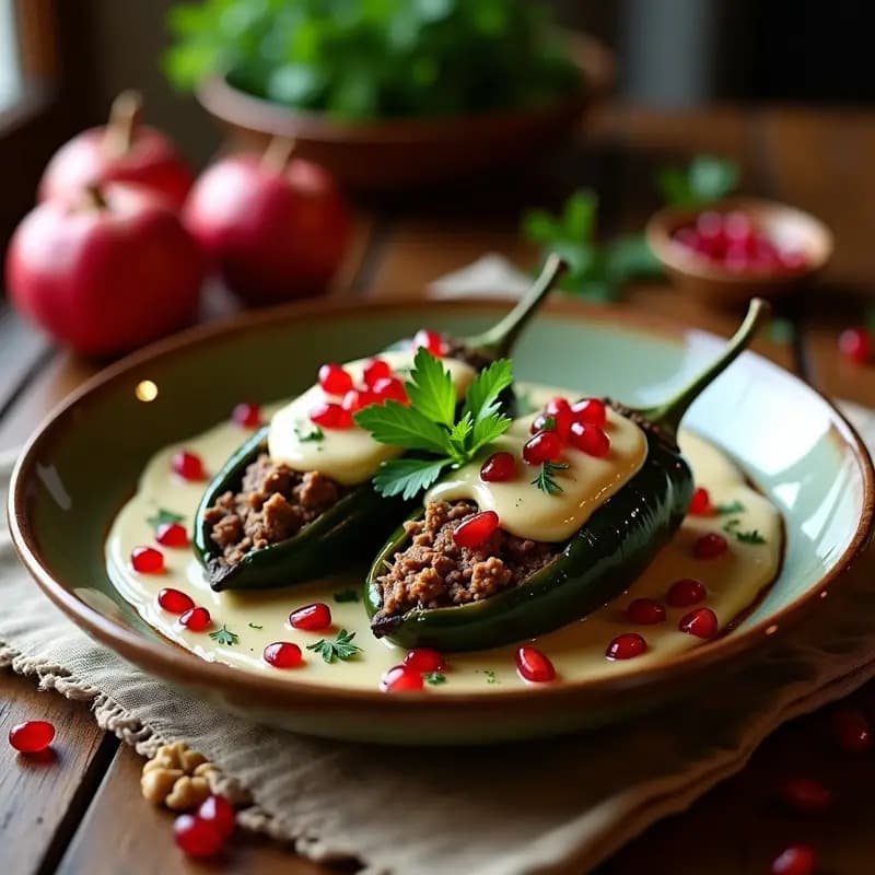 Plato blanco ovalado con chiles en nogada con carne de res, bañados en salsa cremosa de nuez, decorados con semillas de granada roja y hojas de perejil, sobre fondo rústico de madera oscura.