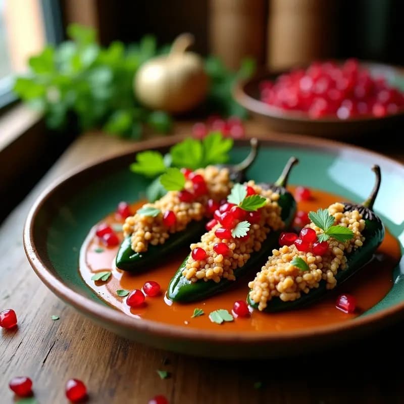 Plato de chiles en nogada veganos con carne de soy, cubiertos de crema de nuez blanca y decorados con semillas de granada roja, sobre un mantel con los colores de la bandera mexicana.