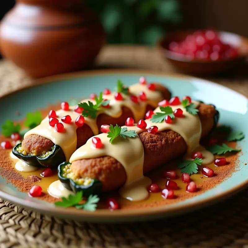 Plato de Chiles en Nogada con Carnes Frías, rellenos de picadillo de jamón, pavo y salchicha, bañados en salsa nogada cremosa, decorados con semillas de granada y perejil fresco, sobre un mantel rústico con colores patrios mexicanos.