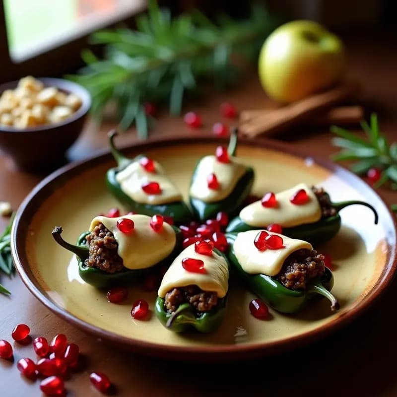 Plato de Chiles en Nogada con Granos de Granada y Crema de Nueces: chiles poblanos rellenos de picadillo, bañados en crema de nueces blanca y decorados con granos de granada rojos, presentados en un plato de barro rústico con fondo de hoja de laurel y especias.