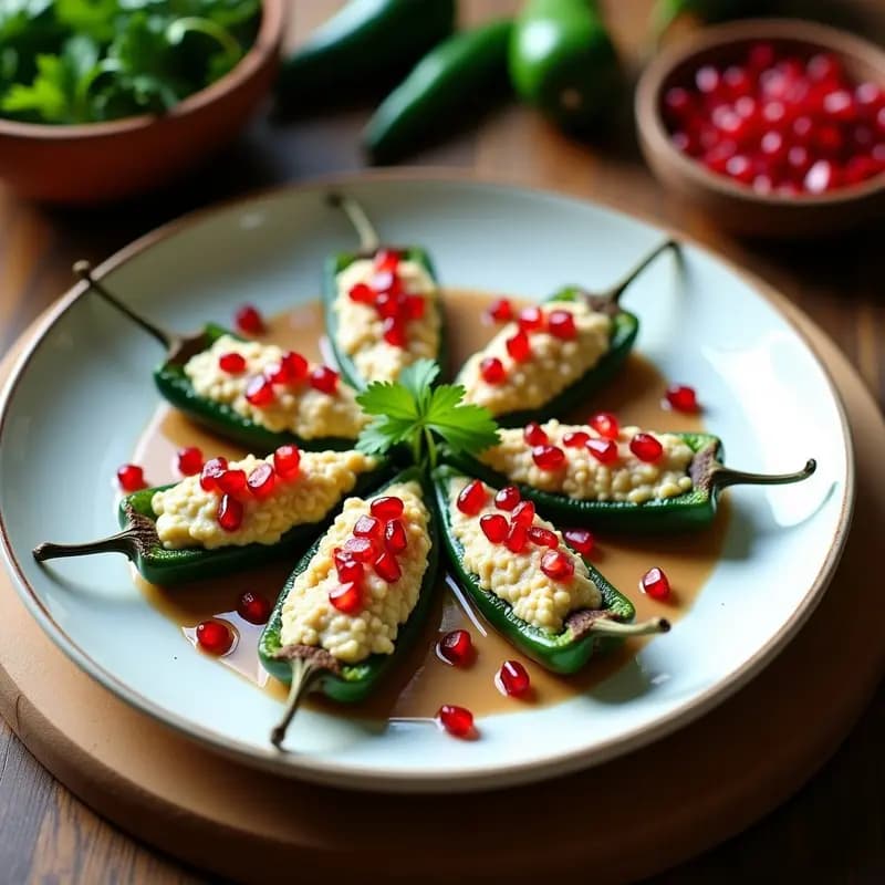 Plato tradicional mexicano con chiles poblanos rellenos de pollo, granada y frutas, bañados en salsa de nuez y decorados con queso fresco desmenuzado y semillas de granada, sobre fondo rústico con colores verdes, blancos y rojos.