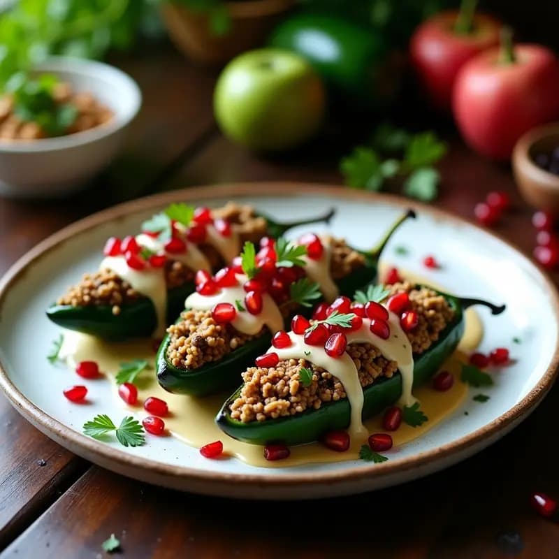 Plato tradicional mexicano con chiles poblanos asados rellenos de picadillo de hongos portobello y nueces, bañados en salsa de nogada cremosa vegana y decorados con semillas de granada y perejil fresco.