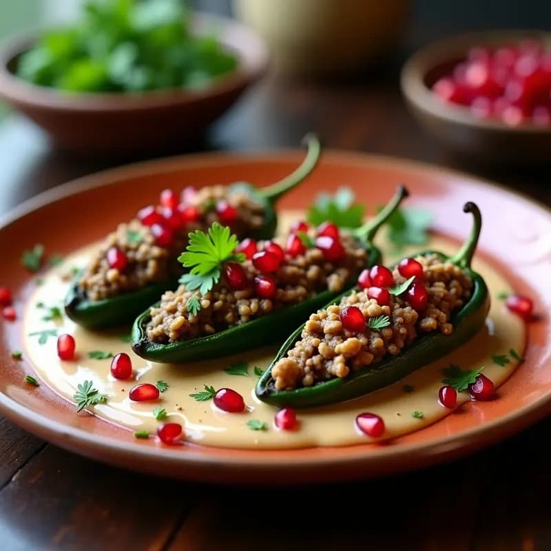 Plato tradicional mexicano de chiles en nogada veganos: chiles poblanos asados rellenos de picadillo de hongos, bañados en salsa de nuez cremosa y decorados con semillas de granada y perejil fresco sobre un plato de barro.