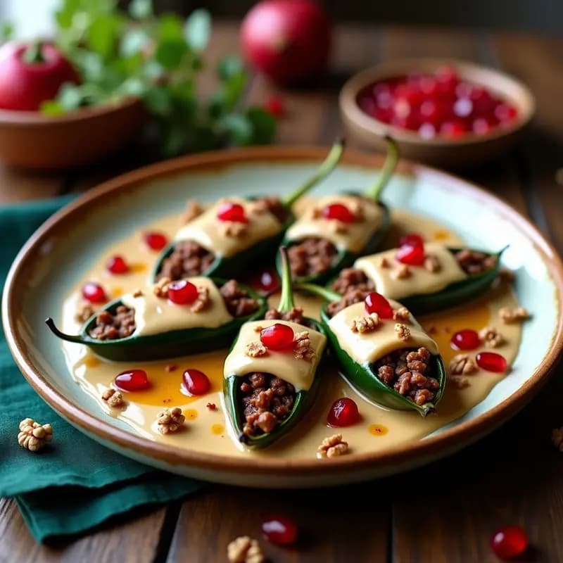 Plato tradicional mexicano con chiles poblanos rellenos de picadillo de res con higos y almendras, bañados en salsa de nogada cremosa, decorados con semillas de granada rojas y nueces picadas, servidos en plato de barro.
