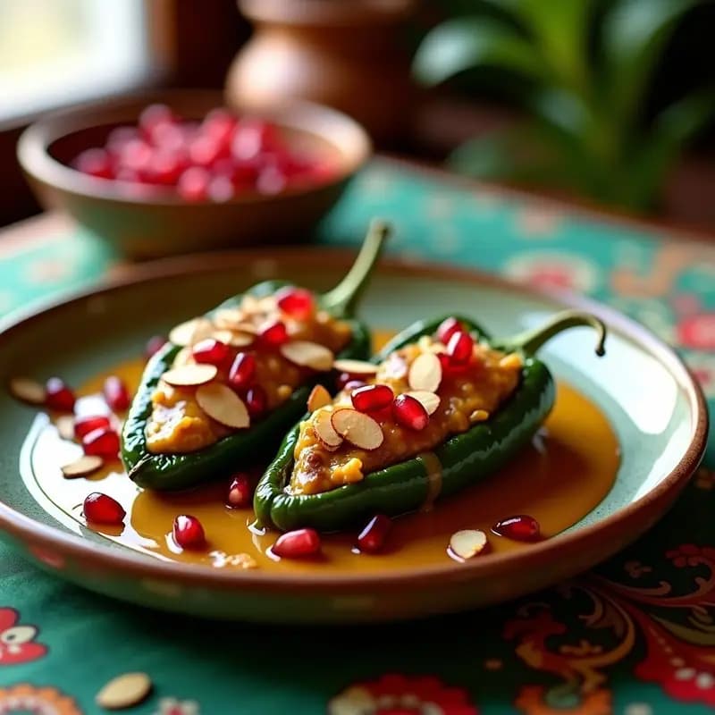 Plato festivo mexicano con chiles en nogada rellenos de picadillo de carne y walnut, cubiertos con salsa cremosa de nuez sin lactosa, decorados con granos de granada roja y almendras fileteadas, sobre un mantel rústico con colores patrios.
